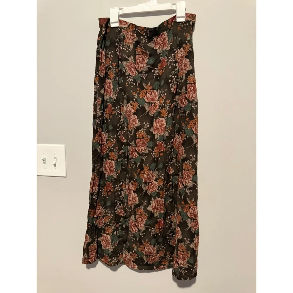 Van Heusen Womens Floral Midi Skirt Brown Rayon Elastic Waist Casual Size M